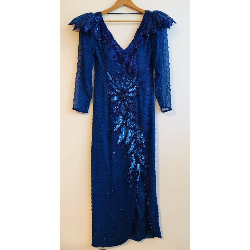Vintage 80s Lillie Rubin Blue Beaded Dress Small 28" Waist